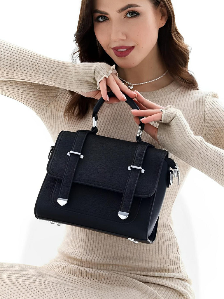 Sac à main baguette noir en simili vegan, bandoulières interchangeables, format structuré, multi - compartiments, élégant et pratique, modèle Katia - Sac à main - Noir