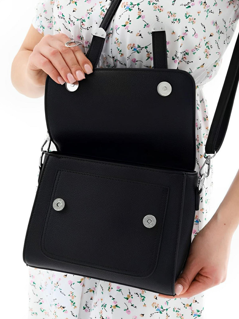 Sac à main baguette noir en simili vegan, bandoulières interchangeables, format structuré, multi - compartiments, élégant et pratique, modèle Katia - Sac à main - Noir