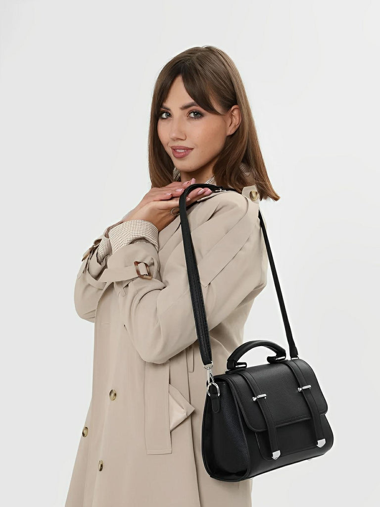 Sac à main baguette noir en simili vegan, bandoulières interchangeables, format structuré, multi - compartiments, élégant et pratique, modèle Katia - Sac à main - Noir