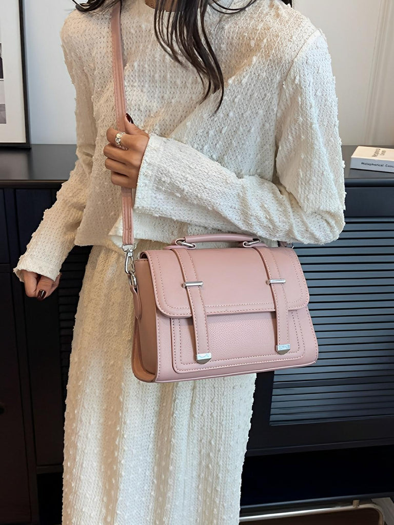 Sac à main baguette noir en simili vegan, bandoulières interchangeables, format structuré, multi - compartiments, élégant et pratique, modèle Katia - Sac à main - Rose