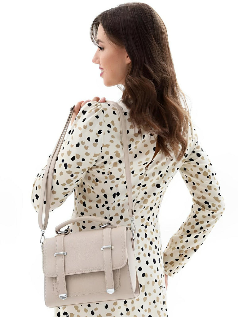 Sac à main baguette noir en simili vegan, bandoulières interchangeables, format structuré, multi - compartiments, élégant et pratique, modèle Katia - Sac à main - Taupe