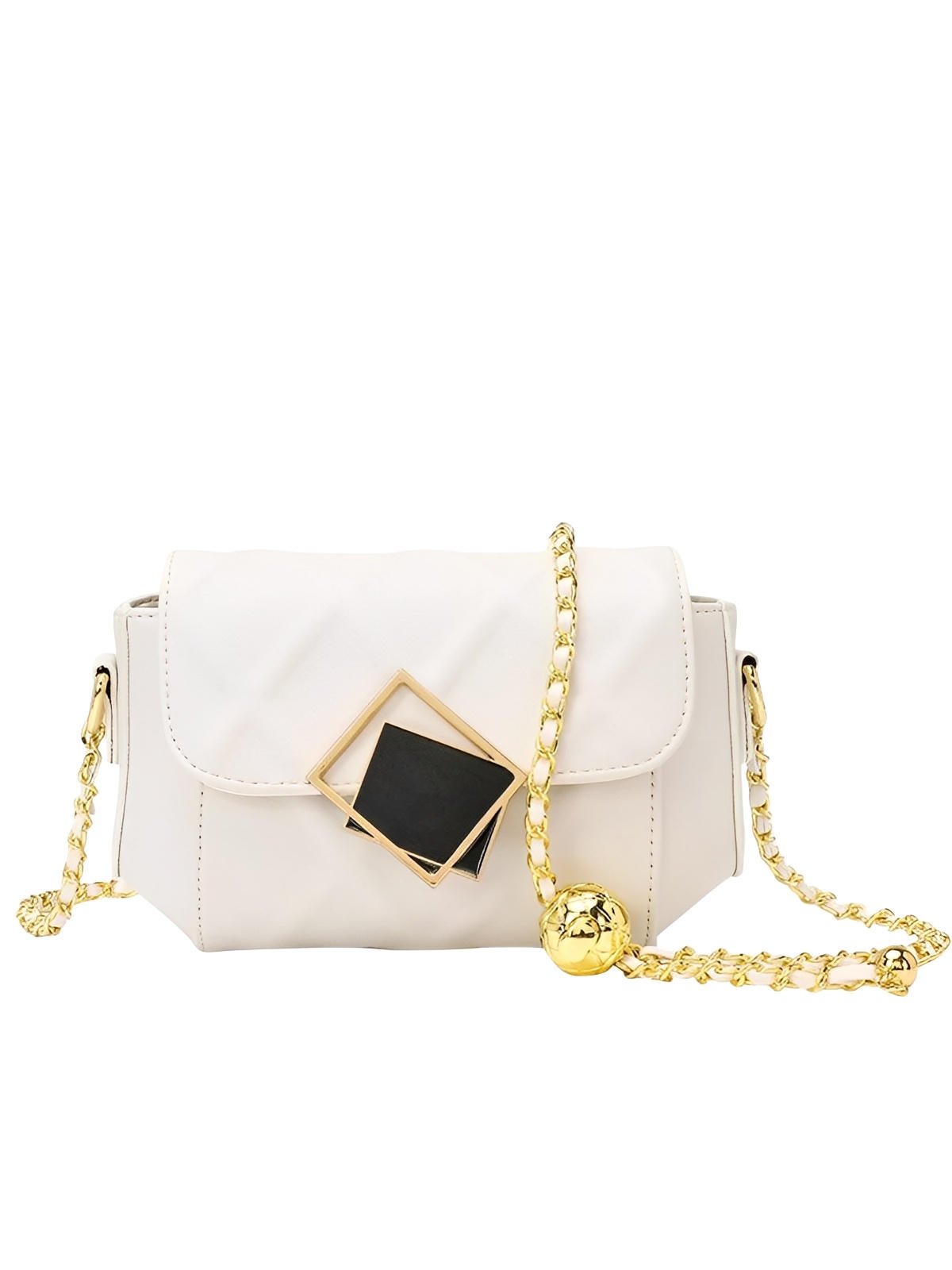 Sac à main bandoulière en cuir, chaîne dorée réglable, design géométrique, matelassé chic, sac femme noir ou blanc, modèle Junie - Sac à main - Blanc