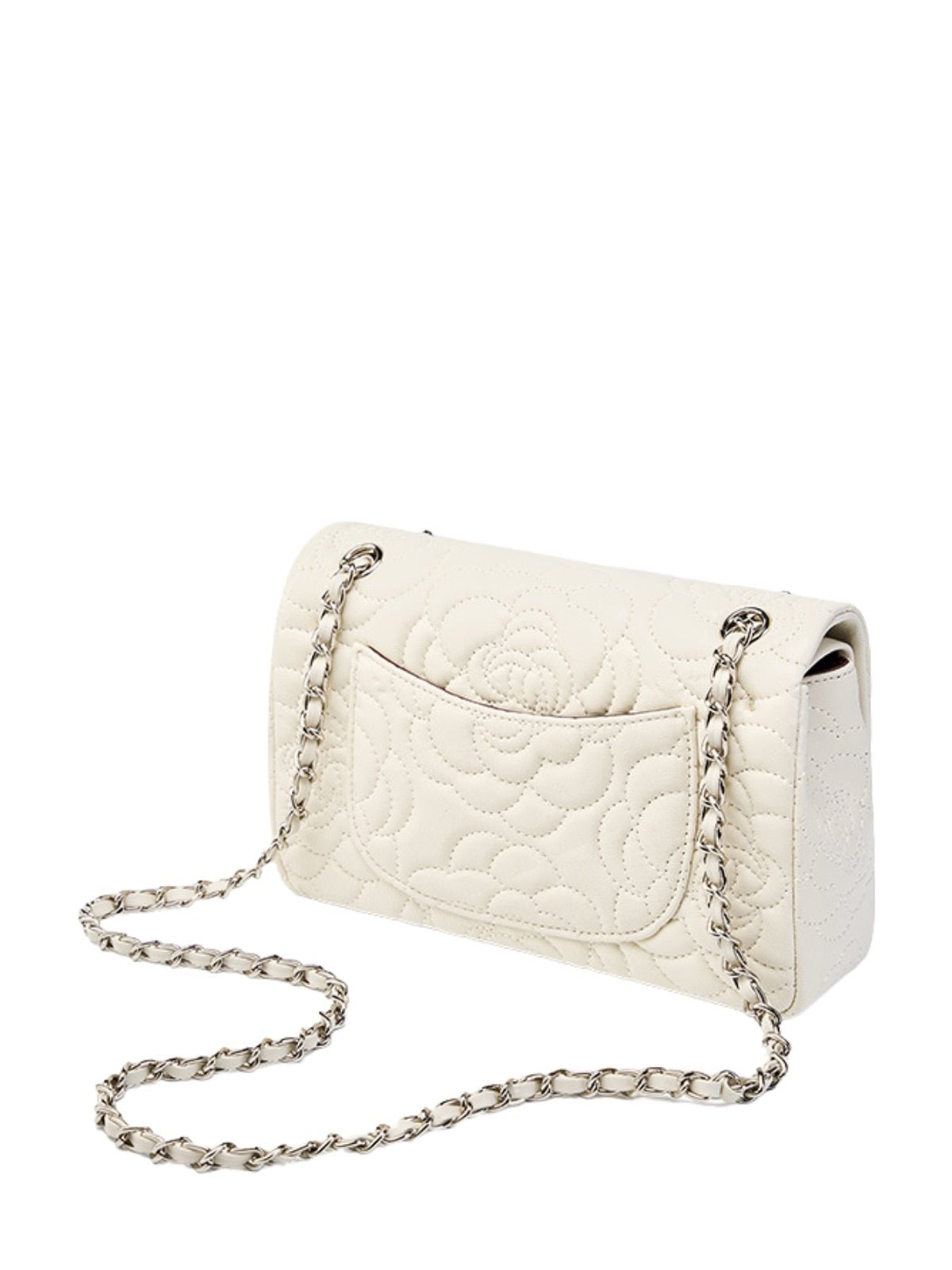 Sac à main bandoulière femme cuir matelassé, chaîne argentée, format moyen, rabat à fermoir, style floral, modèle Gimea - Sac à main - Blanc