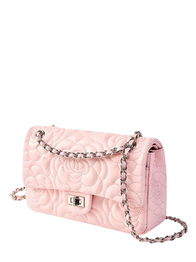 Sac à main bandoulière femme cuir matelassé, chaîne argentée, format moyen, rabat à fermoir, style floral, modèle Gimea - Sac à main - Rose