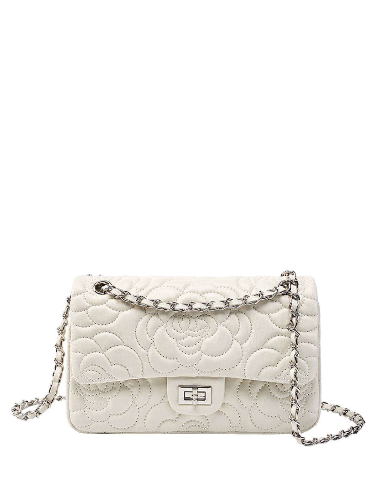Sac à main bandoulière femme cuir matelassé, chaîne argentée, format moyen, rabat à fermoir, style floral, modèle Gimea - Sac à main - Blanc