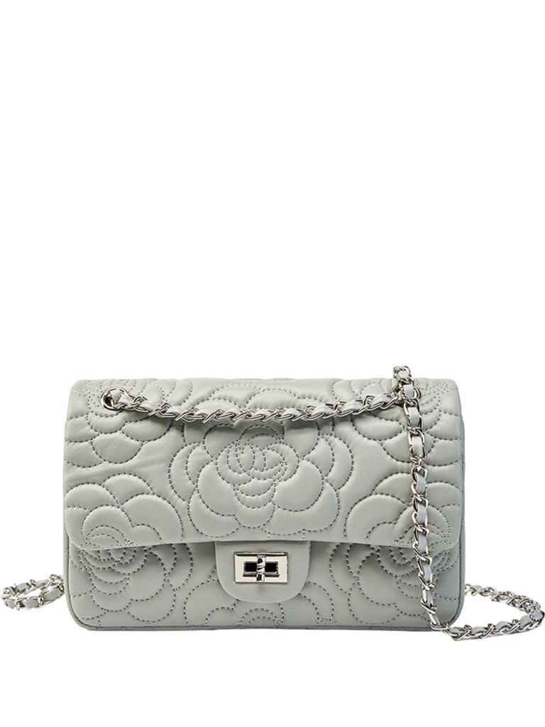 Sac à main bandoulière femme cuir matelassé, chaîne argentée, format moyen, rabat à fermoir, style floral, modèle Gimea - Sac à main - Gris