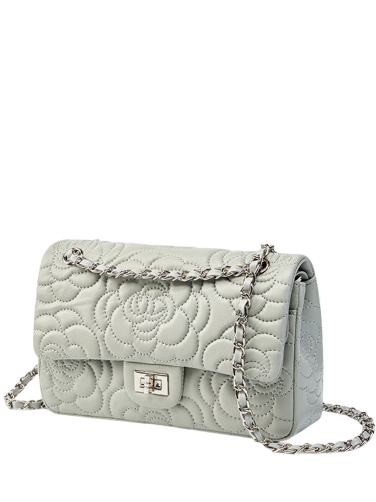 Sac à main bandoulière femme cuir matelassé, chaîne argentée, format moyen, rabat à fermoir, style floral, modèle Gimea - Sac à main - Gris