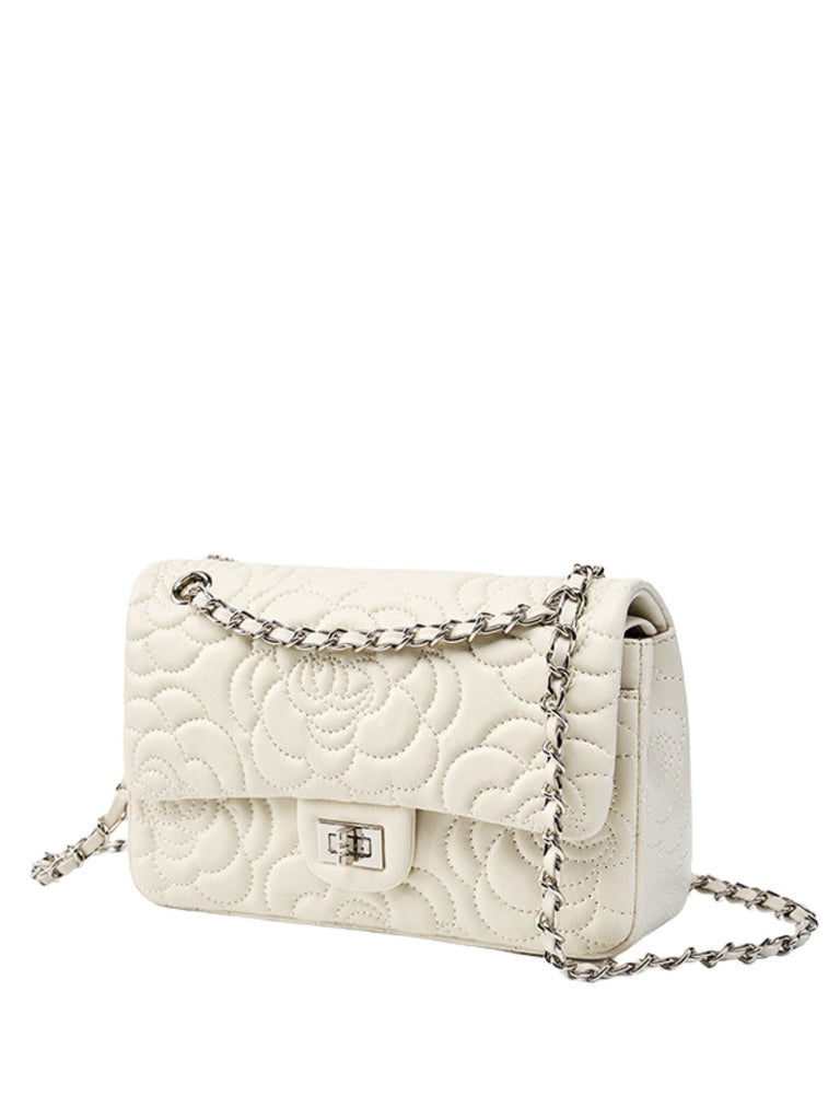 Sac à main bandoulière femme cuir matelassé, chaîne argentée, format moyen, rabat à fermoir, style floral, modèle Gimea - Sac à main - Blanc