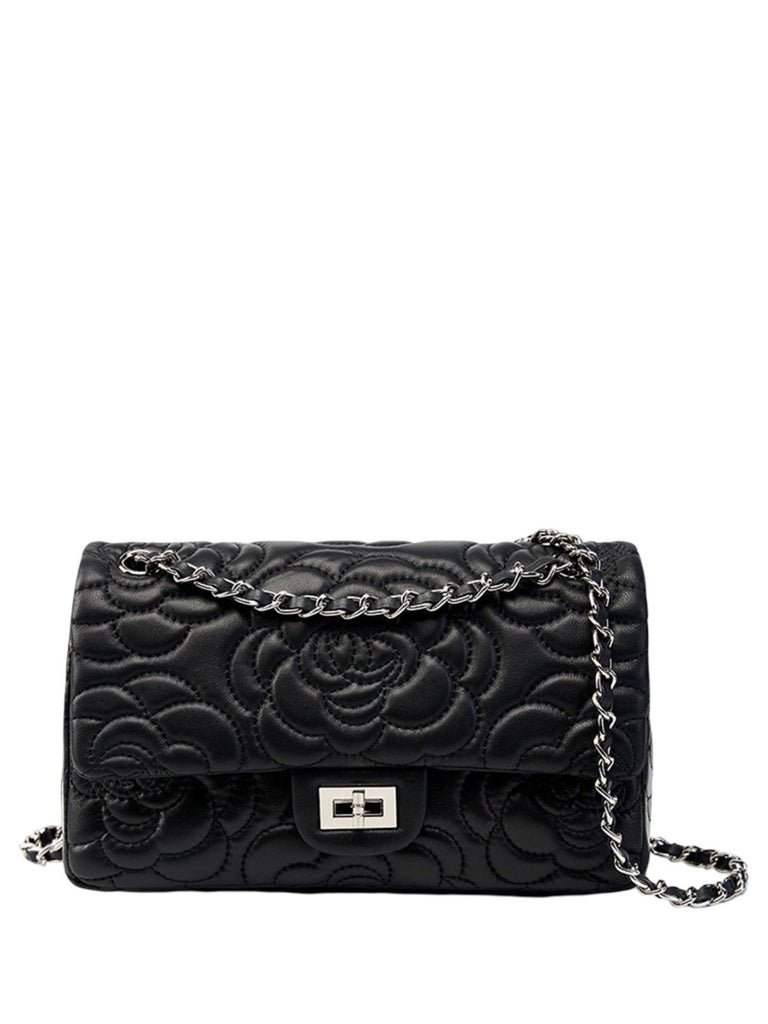 Sac à main bandoulière femme cuir matelassé, chaîne argentée, format moyen, rabat à fermoir, style floral, modèle Gimea - Sac à main - Noir