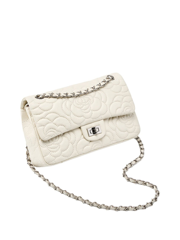 Sac à main bandoulière femme cuir matelassé, chaîne argentée, format moyen, rabat à fermoir, style floral, modèle Gimea - Sac à main - Blanc