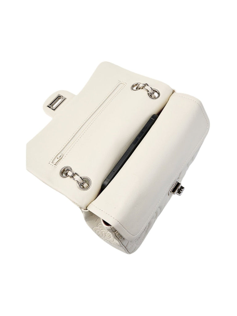 Sac à main bandoulière femme cuir matelassé, chaîne argentée, format moyen, rabat à fermoir, style floral, modèle Gimea - Sac à main - Blanc