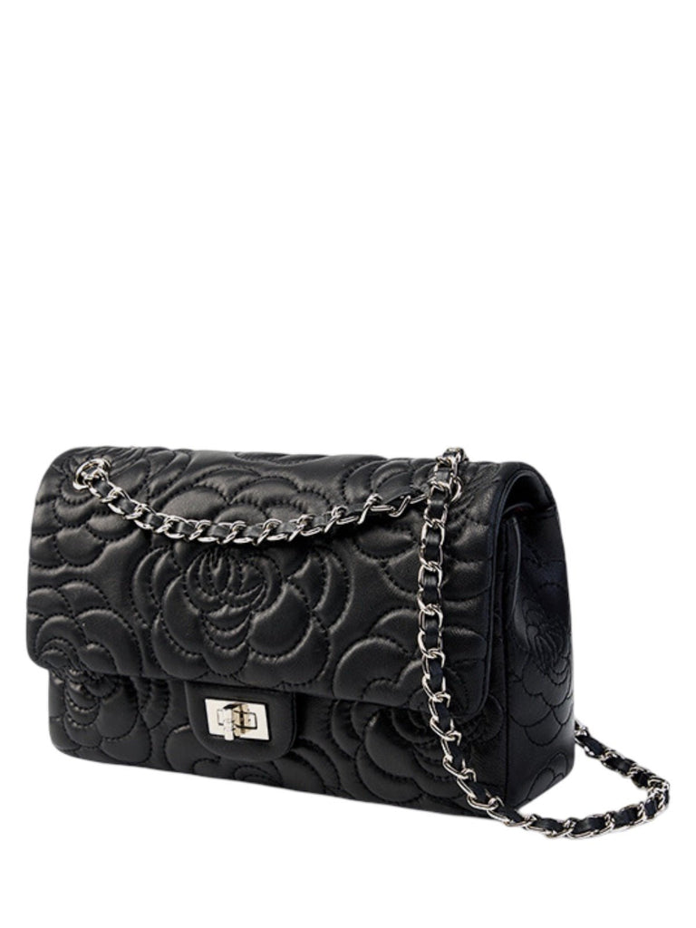 Sac à main bandoulière femme cuir matelassé, chaîne argentée, format moyen, rabat à fermoir, style floral, modèle Gimea - Sac à main - Noir