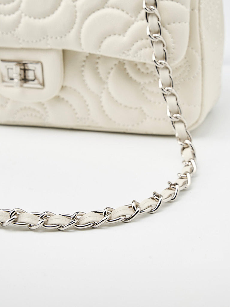 Sac à main bandoulière femme cuir matelassé, chaîne argentée, format moyen, rabat à fermoir, style floral, modèle Gimea - Sac à main - Blanc
