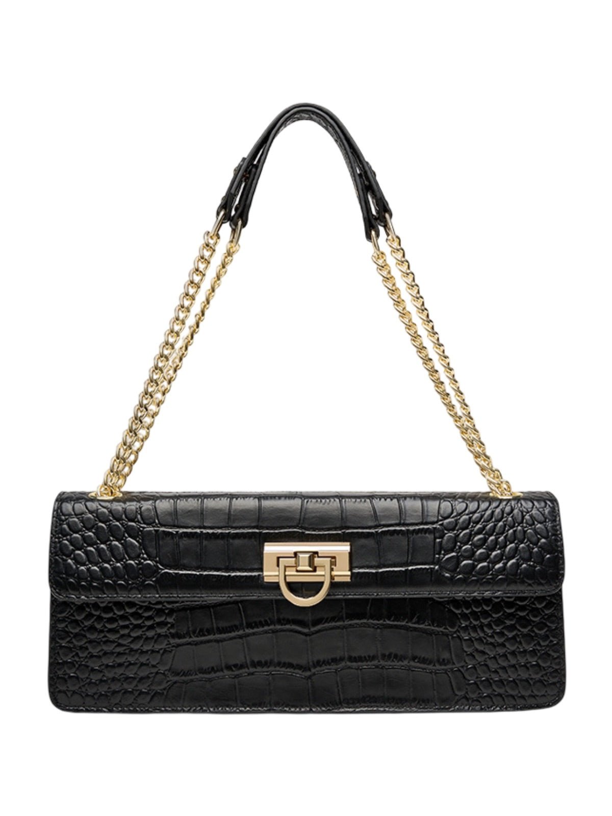 Sac à main bandoulière femme, effet croco, chaîne dorée, format rectangulaire, style chic, sac rabat, modèle Savine - Sac à main - Noir
