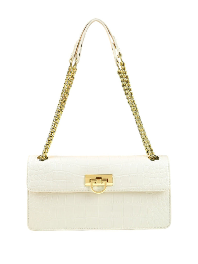 Sac à main bandoulière femme, effet croco, chaîne dorée, format rectangulaire, style chic, sac rabat, modèle Savine - Sac à main - Blanc