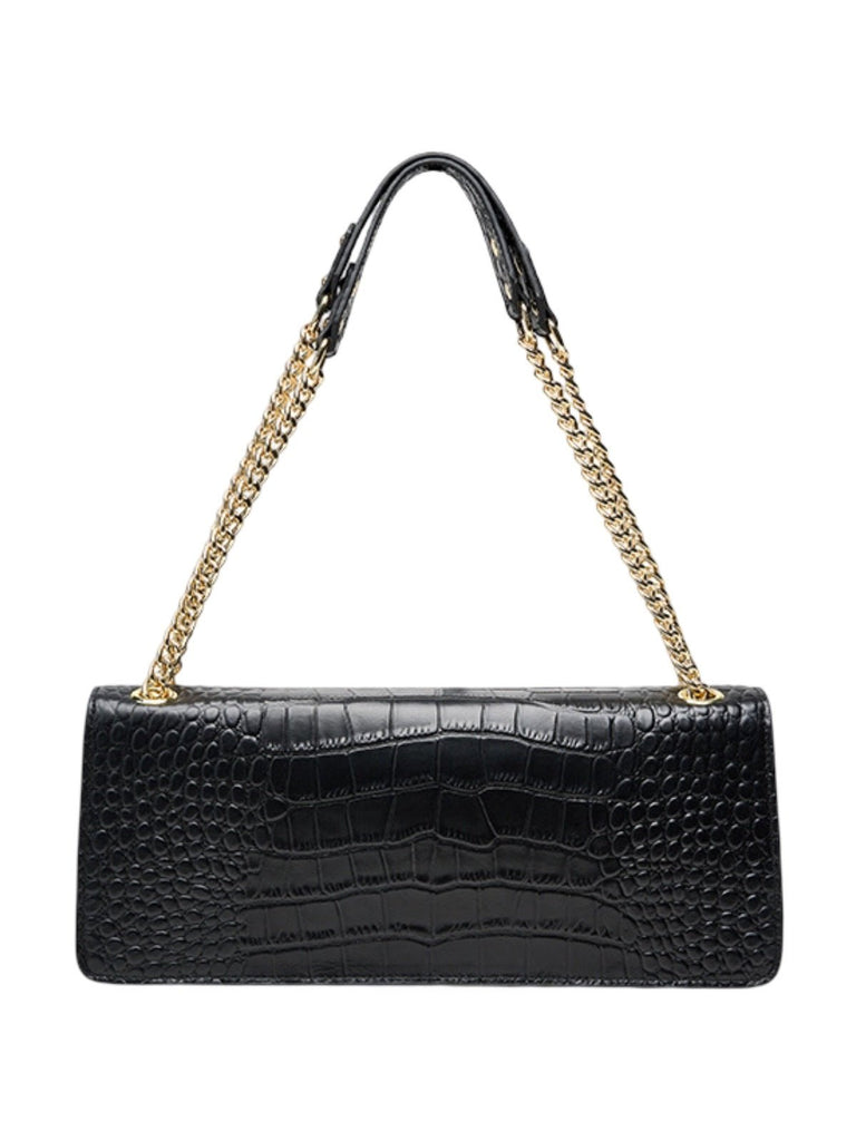 Sac à main bandoulière femme, effet croco, chaîne dorée, format rectangulaire, style chic, sac rabat, modèle Savine - Sac à main - Noir