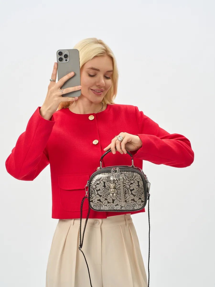 Sac à main bandoulière femme, sac à main à motif brillant, sac porté travers compact, chic fantaisie, mini sac rigide, modèle Audrey - Sac à main - Style 1