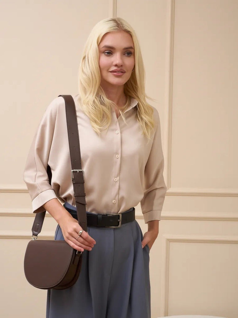 Sac à main bandoulière femme, sac demi - lune, sac PU, sac minimaliste, petit sac épaule, modèle Coloma - Sac à main - Marron