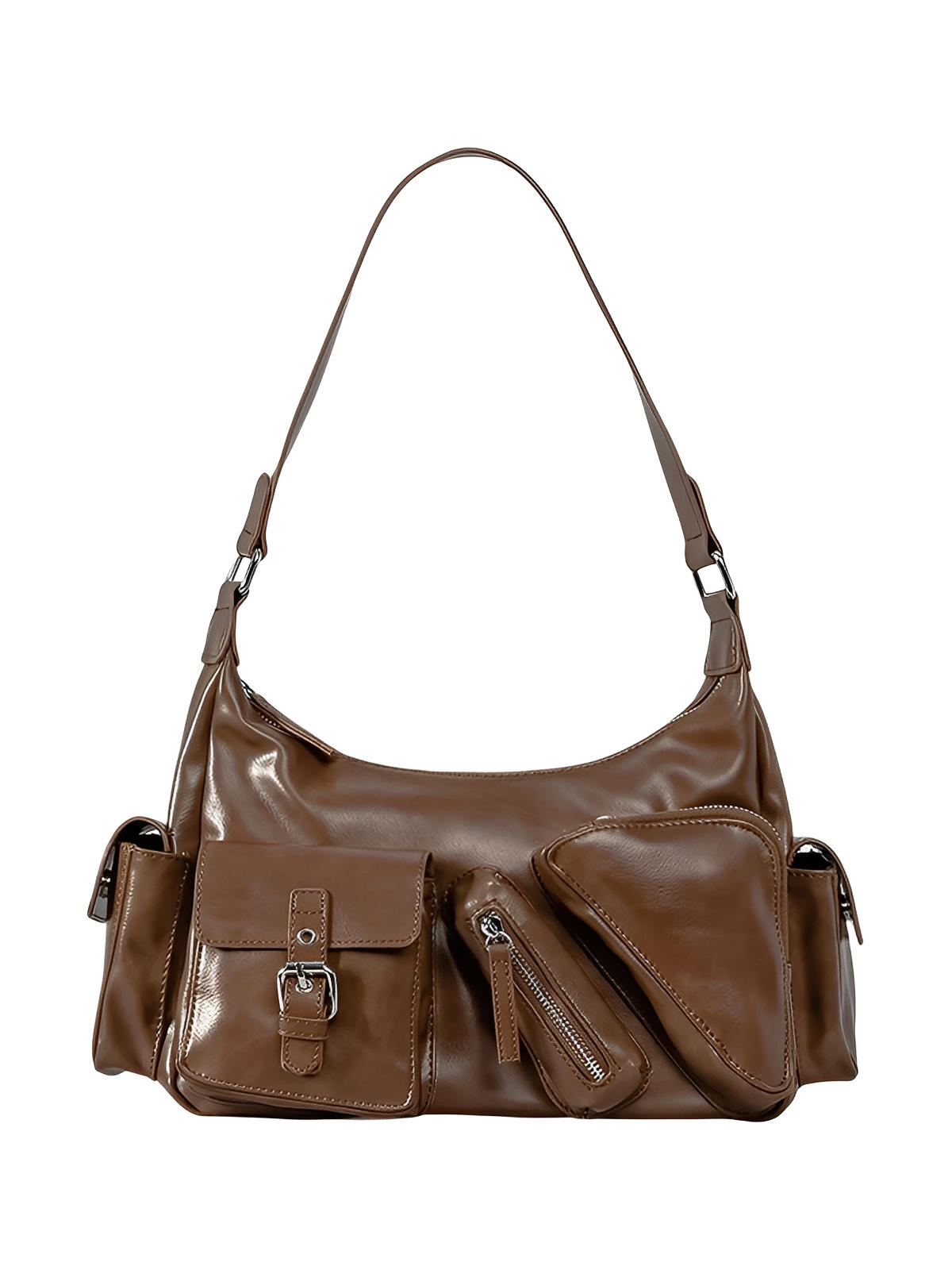 Sac à main bandoulière multi - poches, format moyen, en simili vegan, style Y2K, fermeture zip, modèle Trycane - Sac à main - Marron