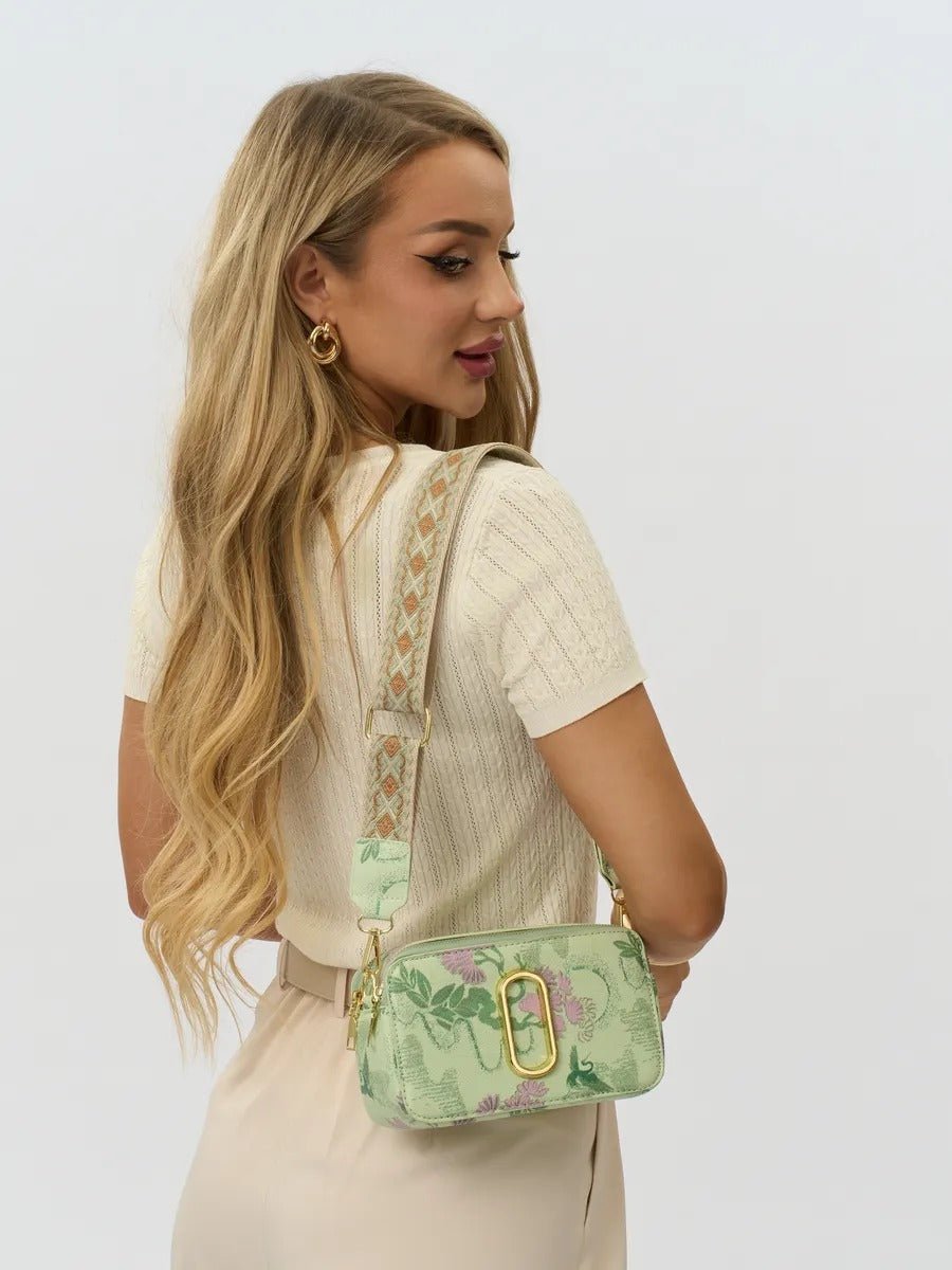 Sac à main bandoulière vert pastel, imprimé floral, mini format, fermeture zippée, bandoulière réglable, modèle Goliva - Sac à main - Vert