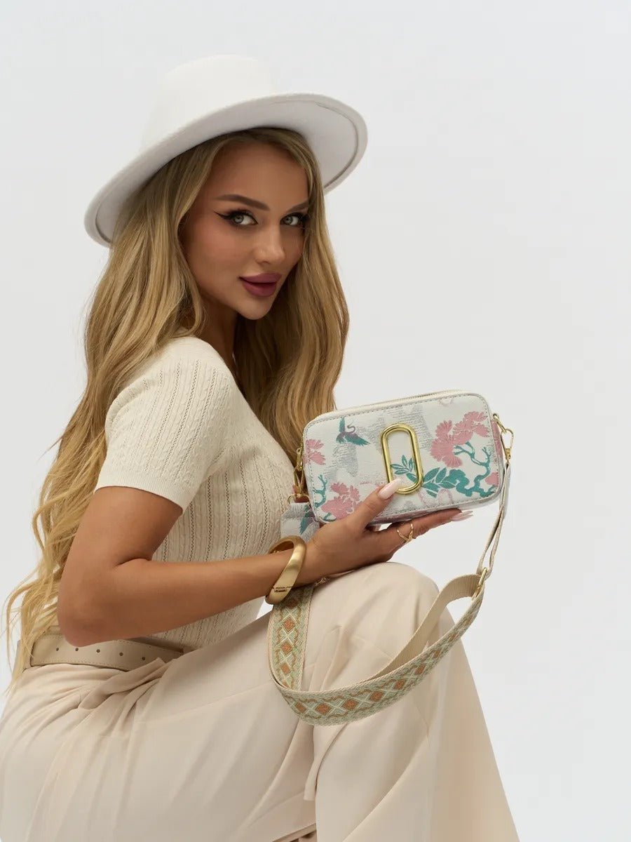Sac à main bandoulière vert pastel, imprimé floral, mini format, fermeture zippée, bandoulière réglable, modèle Goliva - Sac à main - Blanc