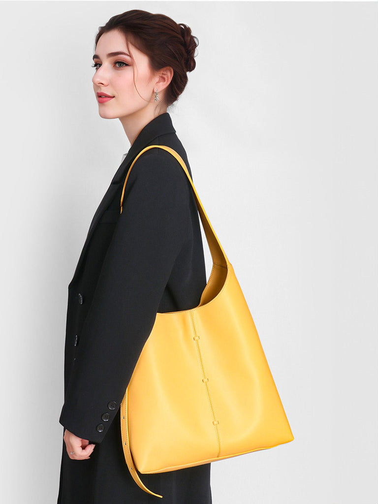 Sac à main cabas cuir, porté épaule, grande contenance, style minimaliste, fermeture magnétique, original et moderne, y2k, modèle Charite - Sac à main - Jaune