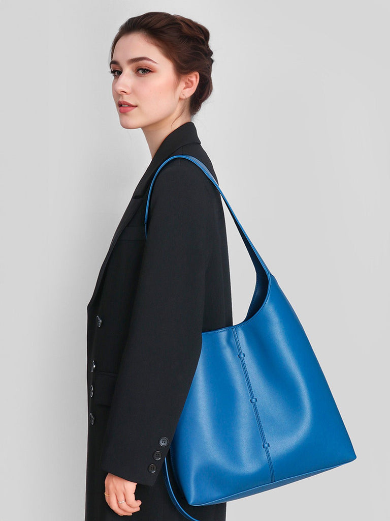 Sac à main cabas cuir, porté épaule, grande contenance, style minimaliste, fermeture magnétique, original et moderne, y2k, modèle Charite - Sac à main - Bleu