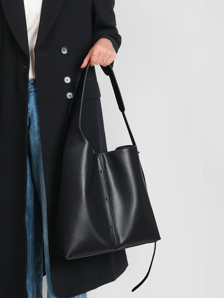 Sac à main cabas cuir, porté épaule, grande contenance, style minimaliste, fermeture magnétique, original et moderne, y2k, modèle Charite - Sac à main - Noir