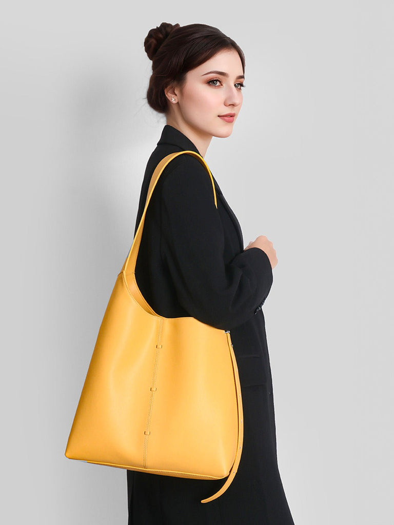 Sac à main cabas cuir, porté épaule, grande contenance, style minimaliste, fermeture magnétique, original et moderne, y2k, modèle Charite - Sac à main - Jaune