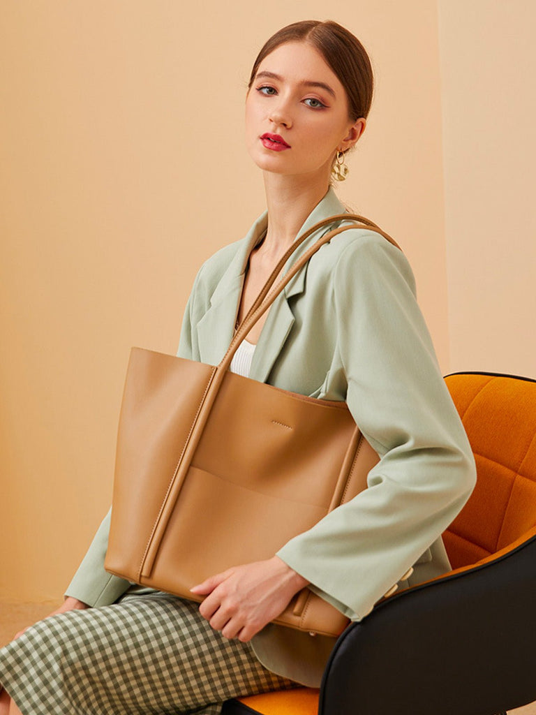 Sac à main cabas en cuir, grand format, porté épaule, compartiment zippé, souple et structuré, sac école et quotidien, modèle Cédale - Sac à main - Camel