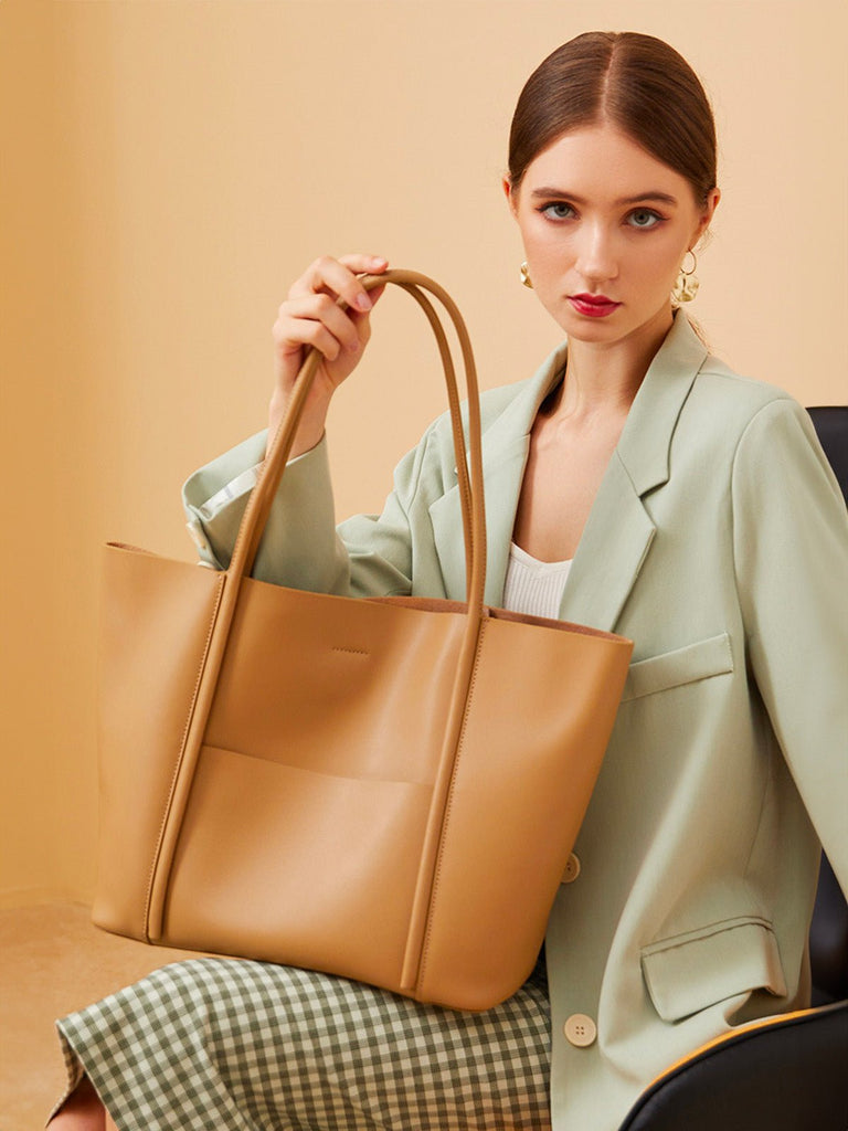 Sac à main cabas en cuir, grand format, porté épaule, compartiment zippé, souple et structuré, sac école et quotidien, modèle Cédale - Sac à main - Camel