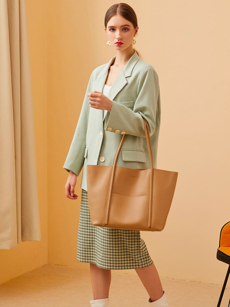 Sac à main cabas en cuir, grand format, porté épaule, compartiment zippé, souple et structuré, sac école et quotidien, modèle Cédale - Sac à main - Camel