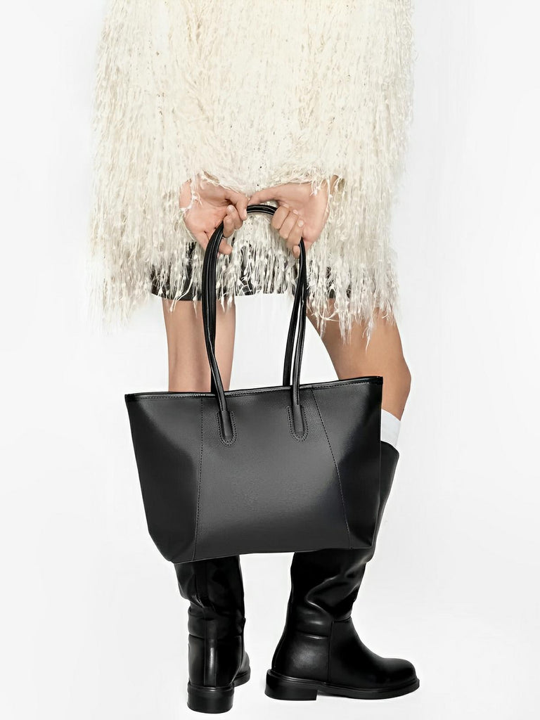 Sac à main cabas grand format, simili vegan souple, compartiments pratiques, résistant à l'eau, idéal travail et quotidien, modèle Camille - Sac à main - Noir