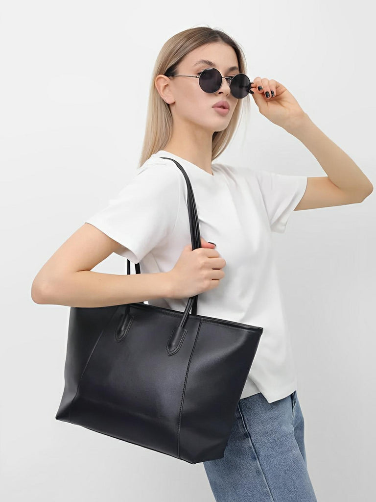Sac à main cabas grand format, simili vegan souple, compartiments pratiques, résistant à l'eau, idéal travail et quotidien, modèle Camille - Sac à main - Noir
