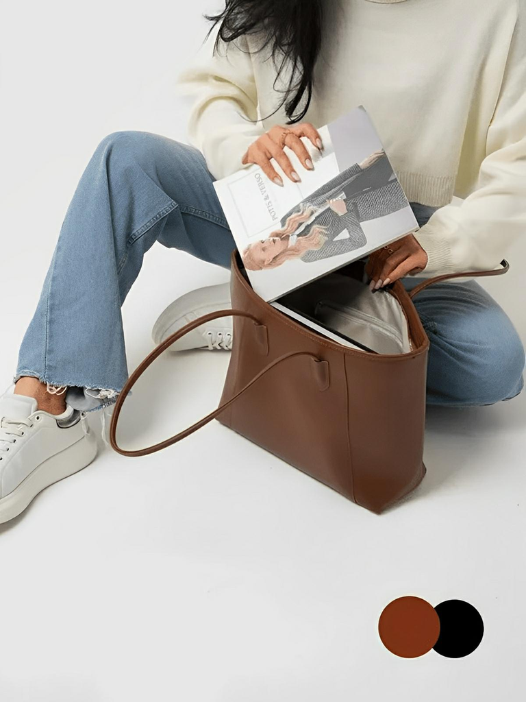 Sac à main cabas grand format, simili vegan souple, compartiments pratiques, résistant à l'eau, idéal travail et quotidien, modèle Camille - Sac à main - Marron