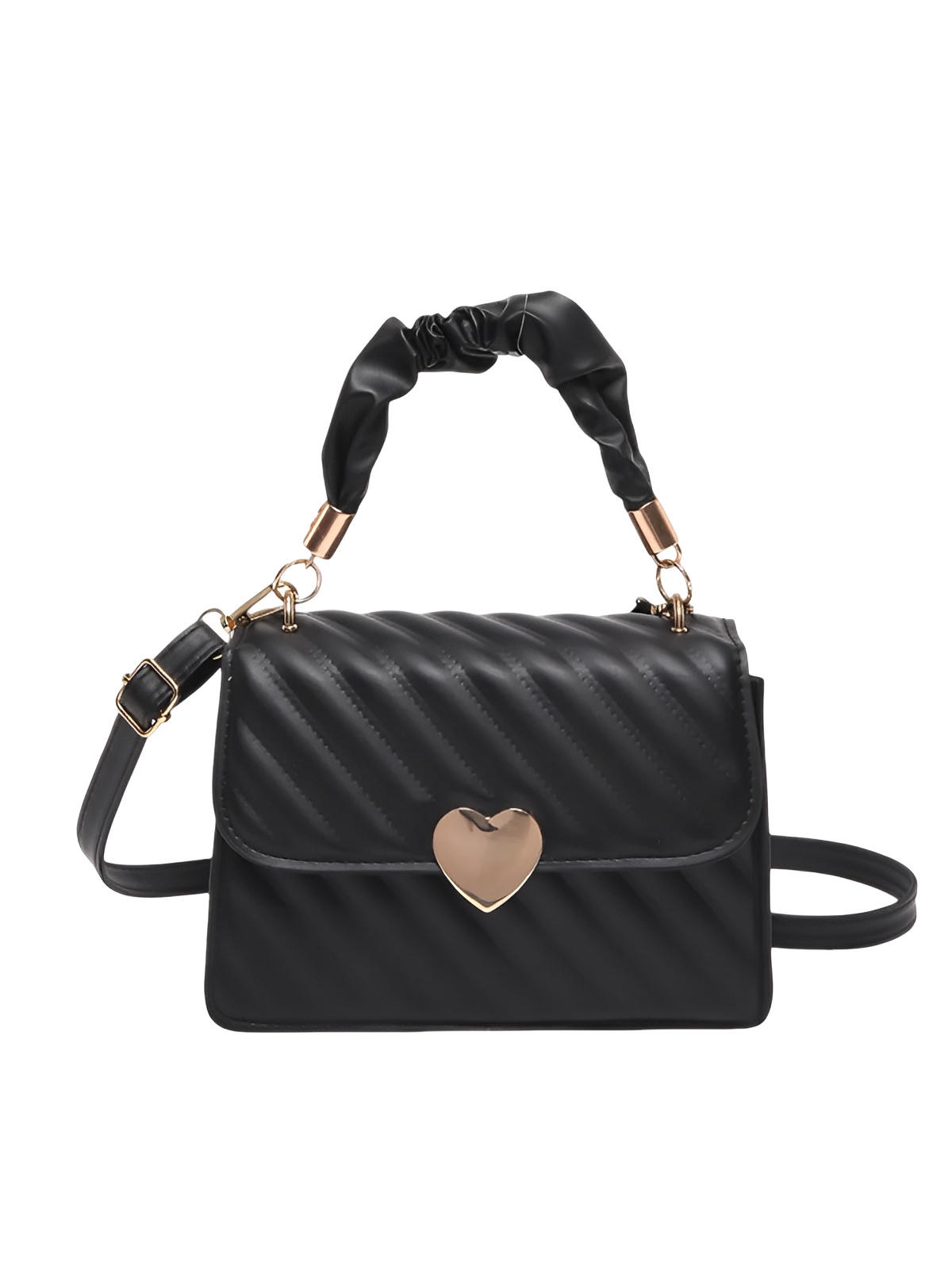 Sac à main cœur, bandoulière amovible, porté main, forme rectangulaire, simili vegan matelassé, modèle Solange - Sac à main - Noir