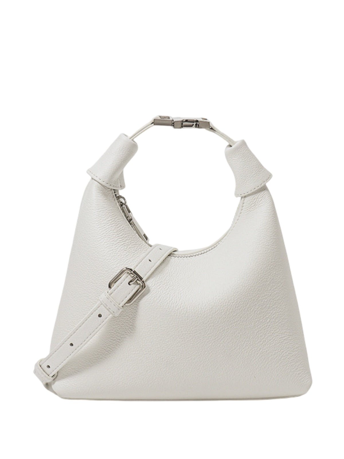 Sac à main coquillage cuir grainé, poignée nouée, porté main et bandoulière, zip sécurisé, noir ou blanc cassé, modèle Nymphe - Sac à main - Blanc