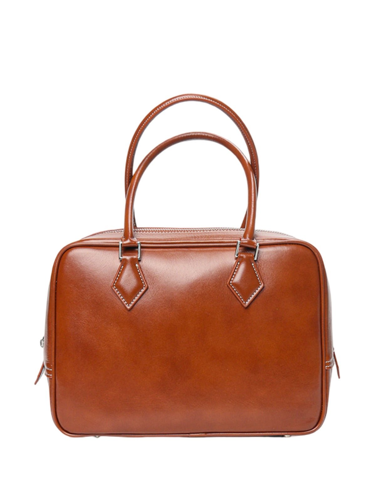 Sac à main cuir rigide femme, sac boston petite taille, sac bandoulière forme boxy, sac carré tendance, sac porté main chic, modèle Aure - Sac à main - Cognac