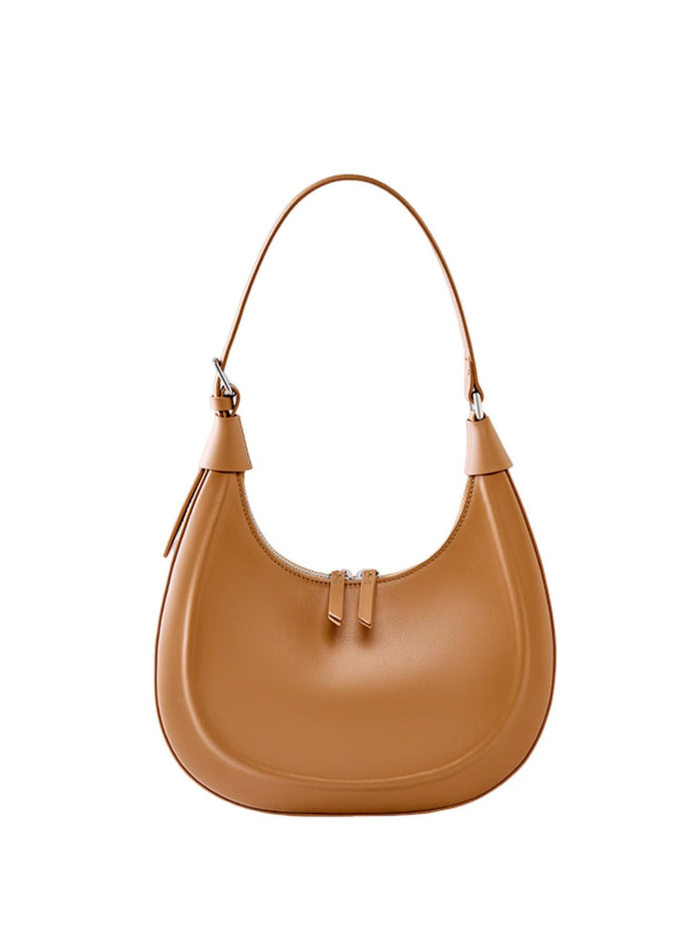 Sac à main en cuir de vache, bandoulière réglable, forme demi - lune, fermeture zippée, sac épaule femme, modèle Dilabe - Sac à main - Camel