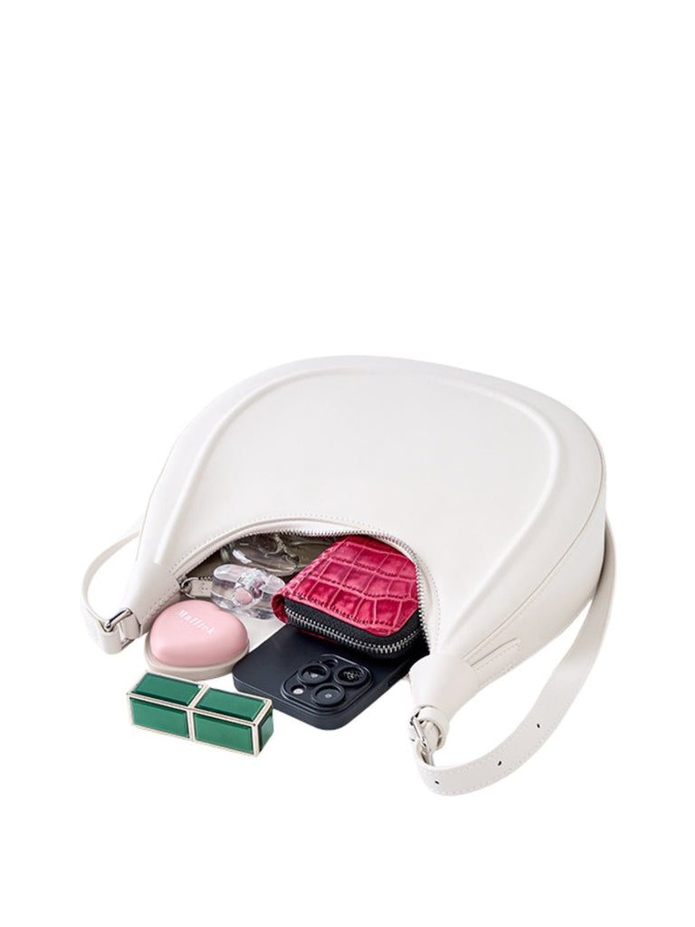 Sac à main en cuir de vache, bandoulière réglable, forme demi - lune, fermeture zippée, sac épaule femme, modèle Dilabe - Sac à main - Blanc