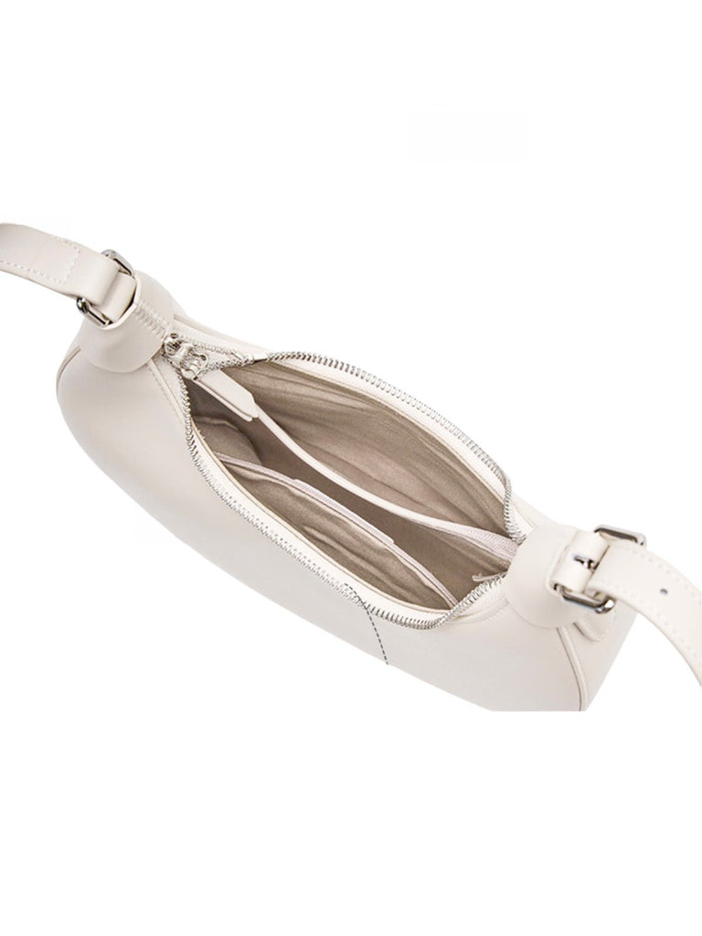 Sac à main en cuir de vache, bandoulière réglable, forme demi - lune, fermeture zippée, sac épaule femme, modèle Dilabe - Sac à main - Blanc