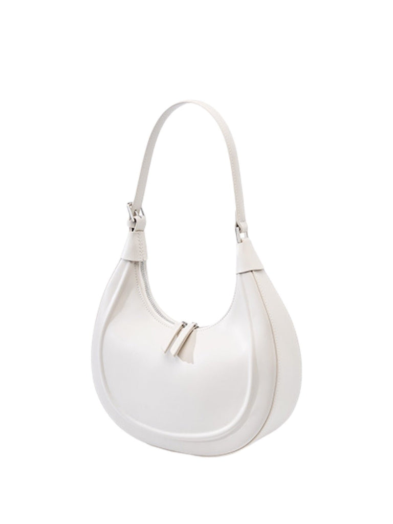 Sac à main en cuir de vache, bandoulière réglable, forme demi - lune, fermeture zippée, sac épaule femme, modèle Dilabe - Sac à main - Blanc