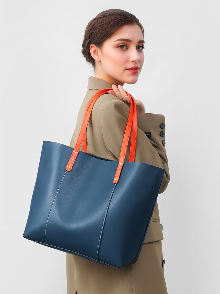 Sac à main en cuir femme, grand sac souple, sac épaule léger, sac bureau femme, sac pliable quotidien, sac cabas en cuir femme, modèle Galle - Sac à main - Bleu