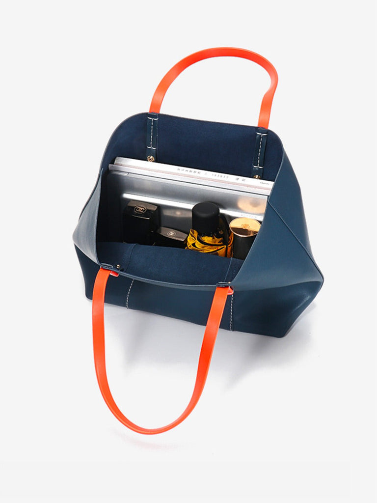 Sac à main en cuir femme, grand sac souple, sac épaule léger, sac bureau femme, sac pliable quotidien, sac cabas en cuir femme, modèle Galle - Sac à main - Bleu