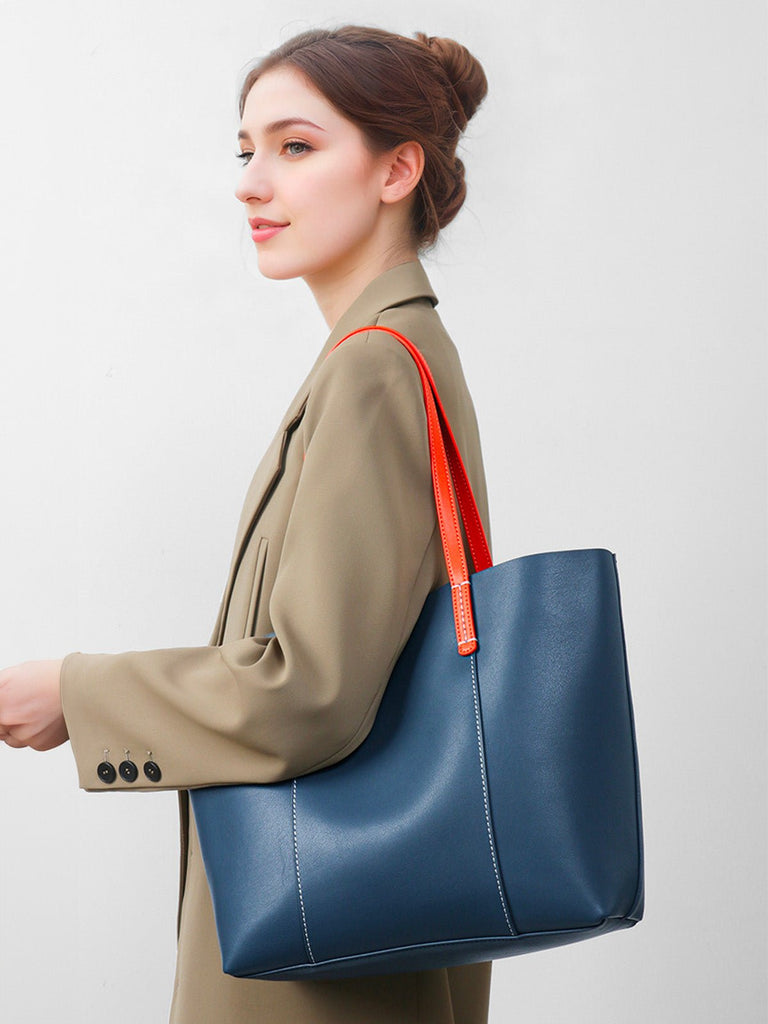 Sac à main en cuir femme, grand sac souple, sac épaule léger, sac bureau femme, sac pliable quotidien, sac cabas en cuir femme, modèle Galle - Sac à main - Bleu