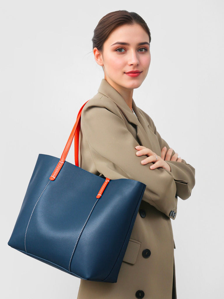 Sac à main en cuir femme, grand sac souple, sac épaule léger, sac bureau femme, sac pliable quotidien, sac cabas en cuir femme, modèle Galle - Sac à main - Bleu