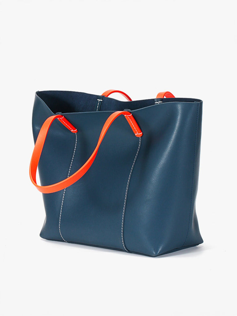 Sac à main en cuir femme, grand sac souple, sac épaule léger, sac bureau femme, sac pliable quotidien, sac cabas en cuir femme, modèle Galle - Sac à main - Bleu
