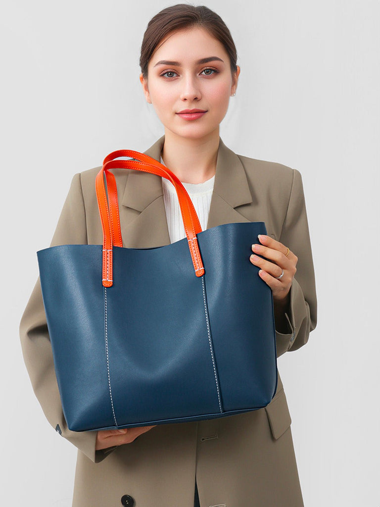 Sac à main en cuir femme, grand sac souple, sac épaule léger, sac bureau femme, sac pliable quotidien, sac cabas en cuir femme, modèle Galle - Sac à main - Bleu