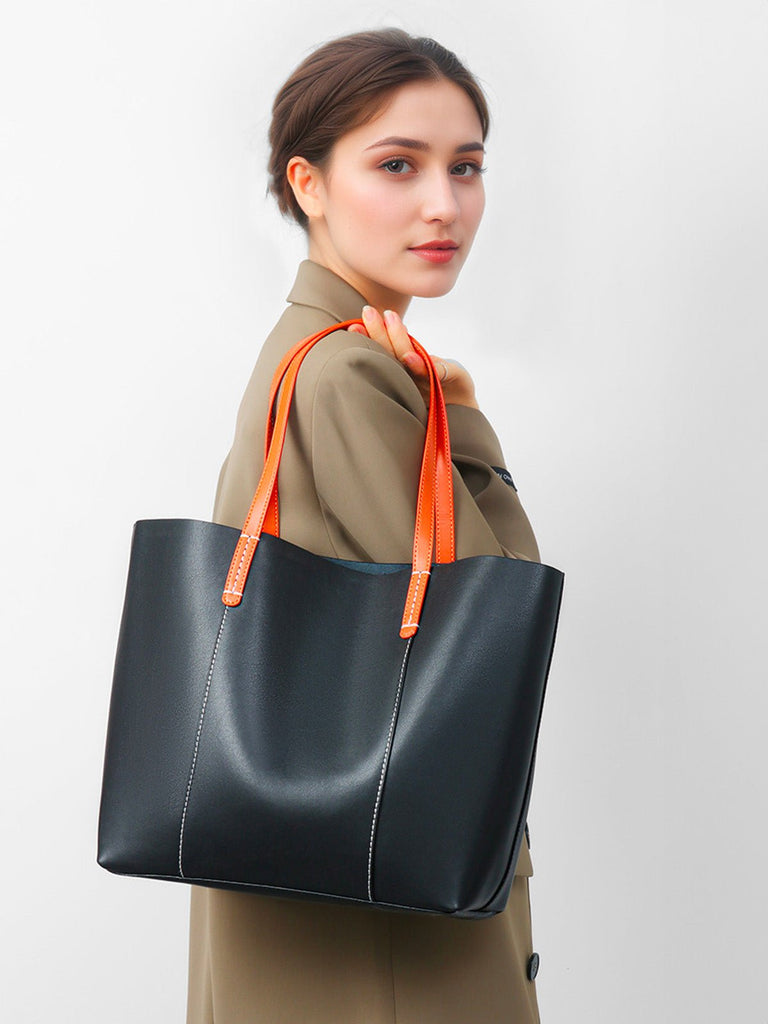 Sac à main en cuir femme, grand sac souple, sac épaule léger, sac bureau femme, sac pliable quotidien, sac cabas en cuir femme, modèle Galle - Sac à main - Noir