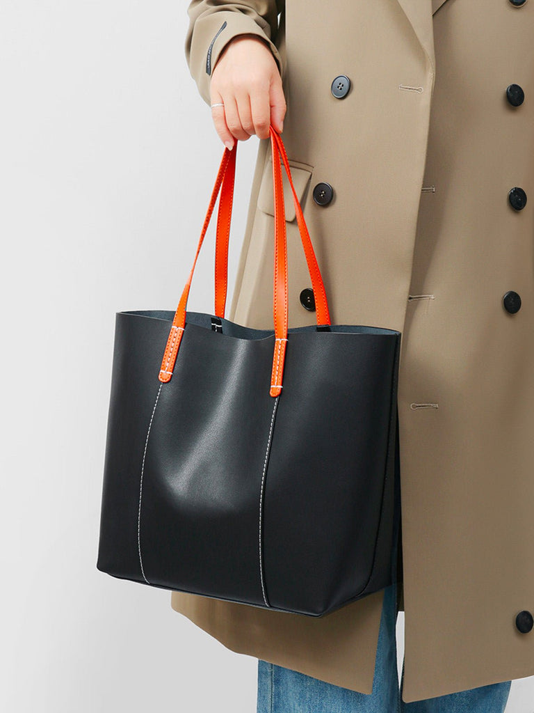 Sac à main en cuir femme, grand sac souple, sac épaule léger, sac bureau femme, sac pliable quotidien, sac cabas en cuir femme, modèle Galle - Sac à main - Noir